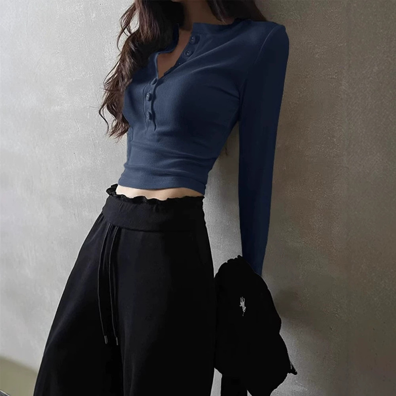 American-style spicy girl half-open collar, straight-shoulder, long-sleeve T-shirt for women, spring and autumn, high-end, slim-fit, base layer, short top American-style spicy girl half-open collar, straight-shoulder, long-sleeve T-shirt for women, spring and autumn, high-end, slim-fit, base layer, short top