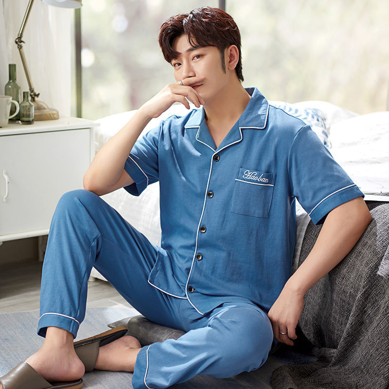 Pijamas pantalones de manga corta para hombres algodón verano delgado cardigan solapa ropa para el hogar más traje de tamaño