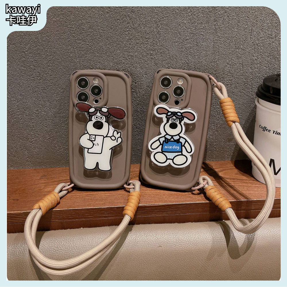 液态小熊猫适用苹果13Promax手机壳14防摔11带挂绳7/8P卡通狗支架
