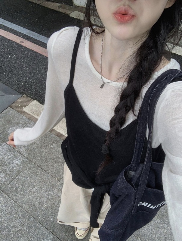 韩系撞色拼接吊带长袖t恤女早秋季设计感小众绑带收腰上衣两件套|undefined