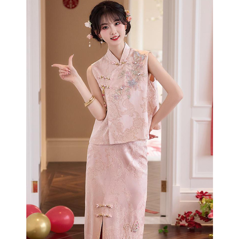 Wholesale Custom-Made New Chinese Style Dressing Gown, Engagement Dress, Pink Cheongsam, Toast Dress, Bride's Wedding Registration, Homecoming