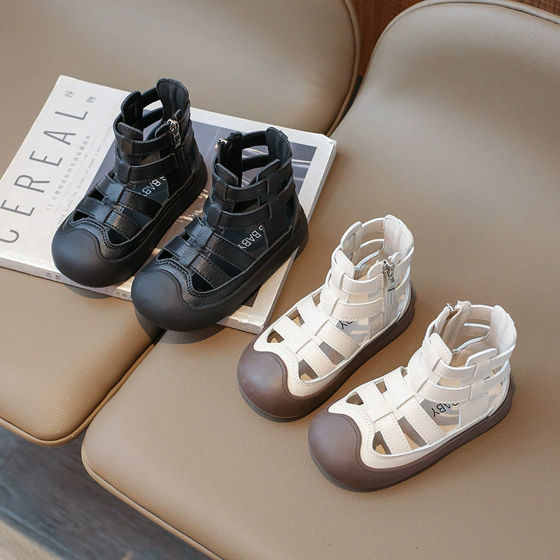 Детские сандалии 2024 новые девушки Баотоу полые дышащие молнии римские туфли иностранные девушки выступают в одиночных туфлях