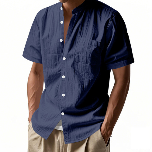 25 Amazon Cross-border European and American Style Men's Summer Loose Linen Cardigan Solid Color Casual Stand Collar Beach Short-sleeved Shirt