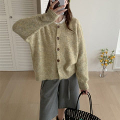 韩系温柔风圆领针织开衫女单排扣复古风时尚软糯秋冬针织衫外套女