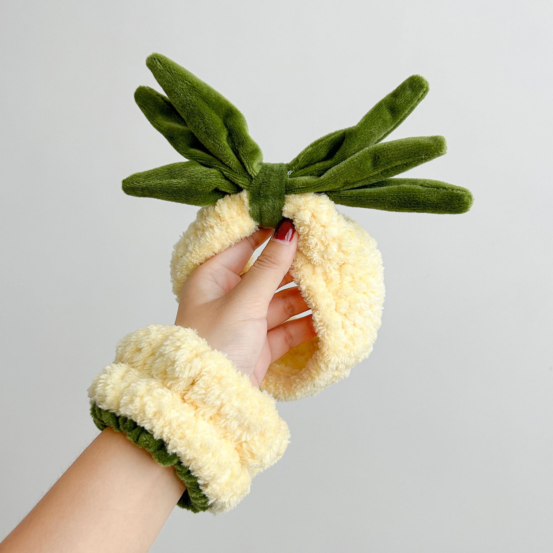 黄色菠萝洗脸三件套毛绒发箍手腕带防袖口湿可爱草莓束发带