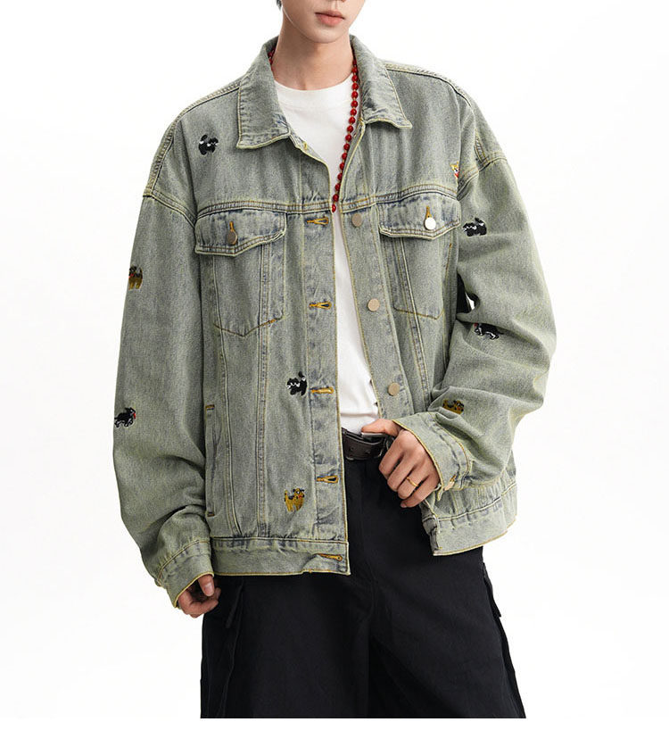 Giacca in denim con ricamo vintage a tema cartone animato - Cappotto oversize da streetwear per uomo e donna (S-2XL)_voghion.com