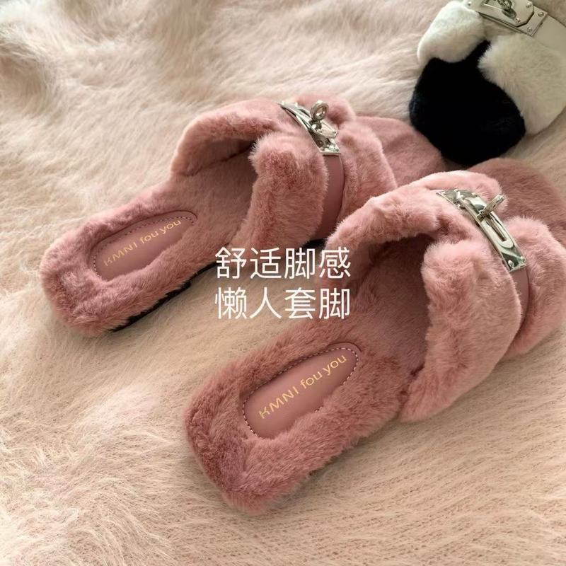 法式玫瑰粉~INS显白温柔仙女风毛毛拖鞋秋冬网红高级感毛绒一字拖|undefined