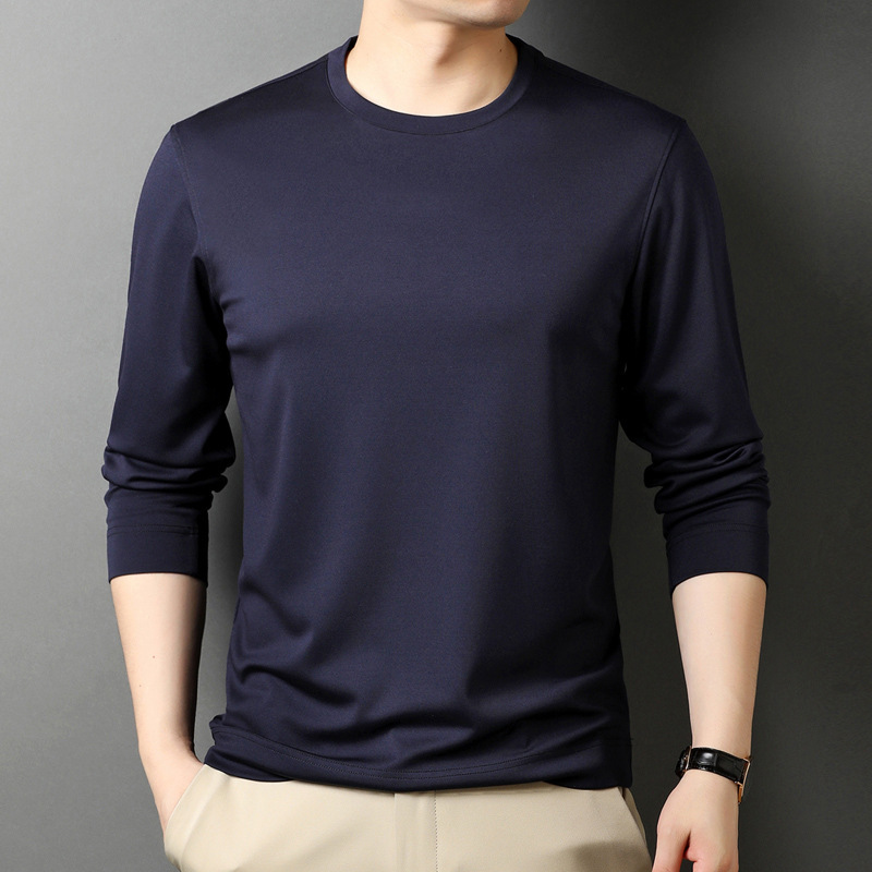 2024 mulberry silk non-ironing double-sided mercerized casual round neck long sleeve T-shirt spring and autumn slim solid color thin sweater