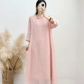 2026夏季款苎麻木耳边双层连衣裙女文艺时尚纯色中袖宽松百搭长裙