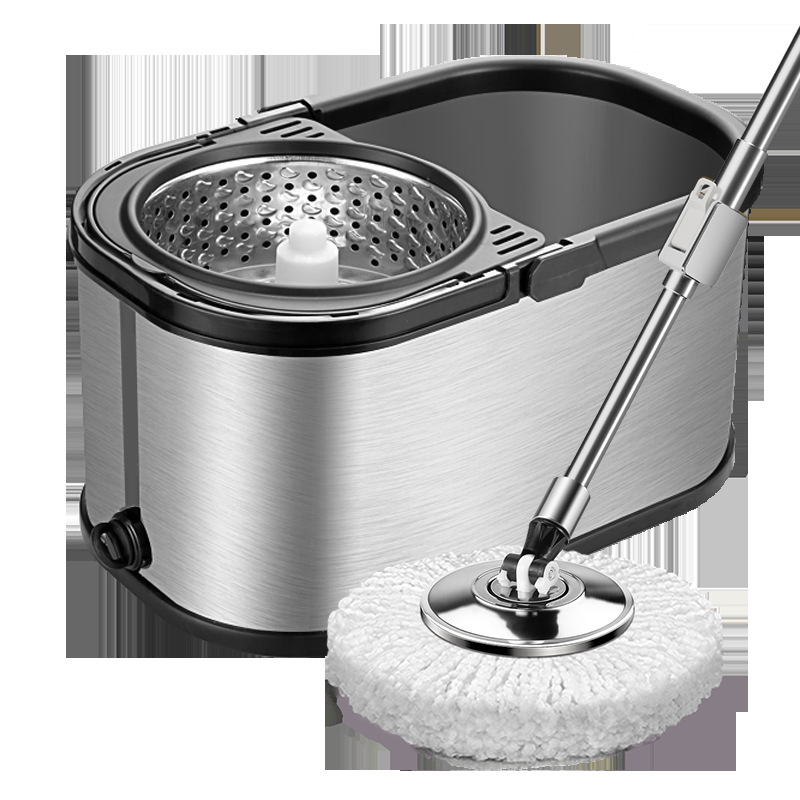 Fregona giratoria de doble uso (húmedo/seco) con cubo redondo, sistema manos libres, diseño para limpieza doméstica eficiente