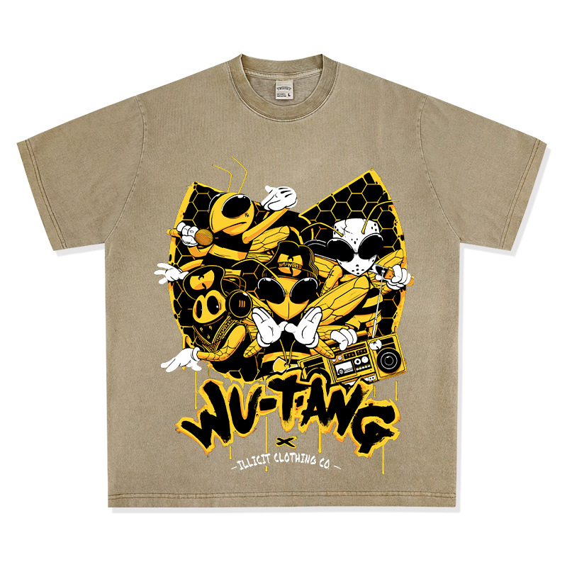 Wu-tang camiseta de manga corta retro americana con estampado lavado y desgastado suéter con capucha y cuello redondo suelto de algodón pesado