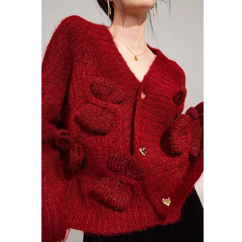 Christmas and New Year Red Cashmere Knitted Cardigan Winter Warm Thickeneded Slim Sweater Korean Style Lazy Style Wool Sweater for Women