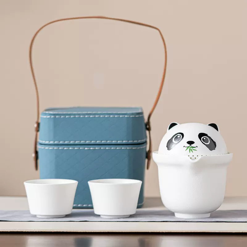 粗陶可爱熊猫旅行茶具茶杯便携套装户外出差商务礼一壶二杯快客杯