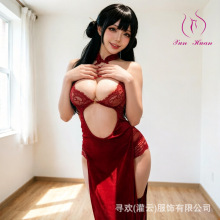 寻欢情趣内衣风情玫瑰挖空旗袍性感纯欲挂脖露胸深夜激情免脱睡衣