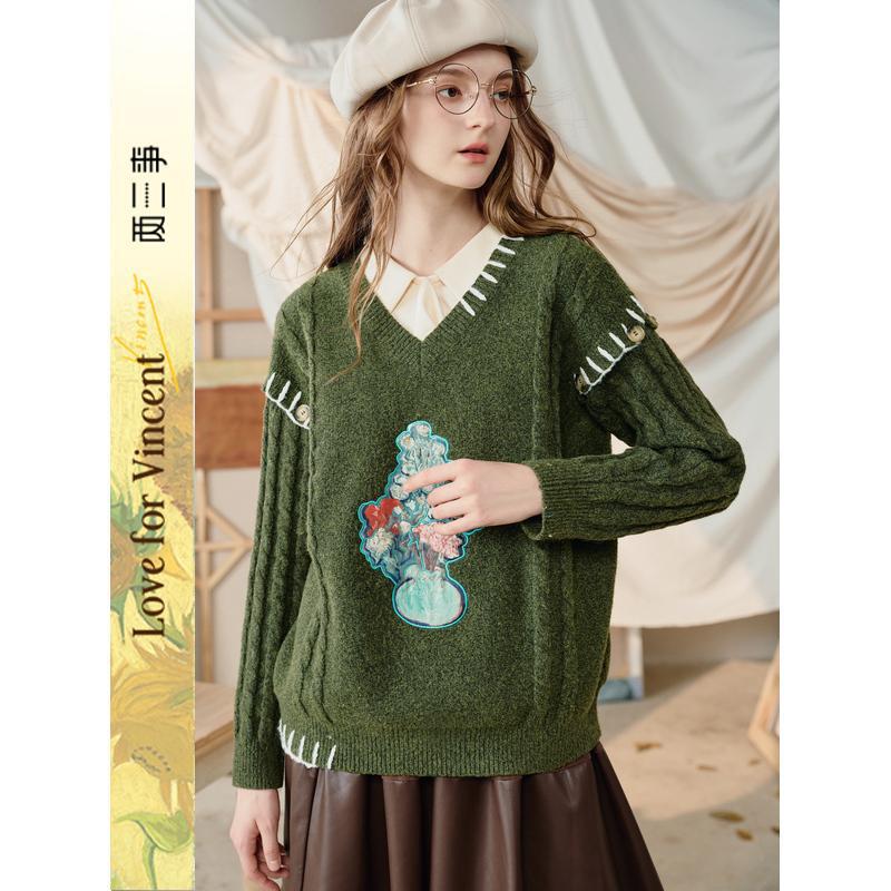 Van Gogh Artistic Wilderness 2025 Winter New Printed Patchwork Embroidery Detachable Sleeve Sweater for Women
