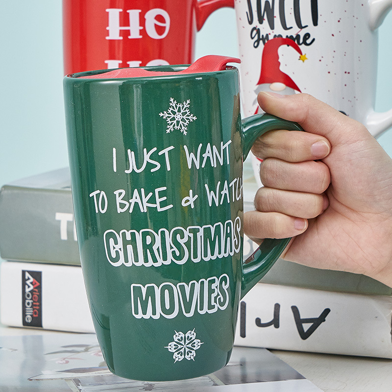 Creativo Navidad nuevo regalo Taza de cerámica de gran capacidad taza de agua con tapa letras impresas taza de alta apariencia