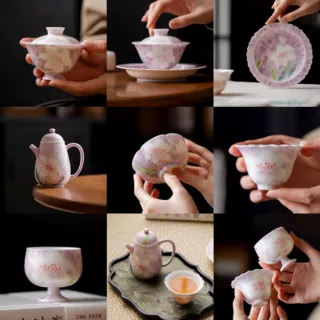 弥言釉下彩手绘百合花吟陶瓷功夫茶具盖碗茶杯茶壶大号主人杯套装