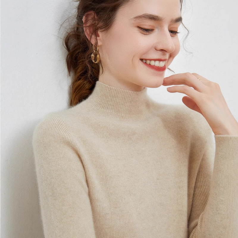 Solid Color 100% Wool Base Shirt for Women, Long-Sleeve Ribbed Slim-Fit Knit Sweater, 25 New Style Half-High Collar Cashmere Sweater