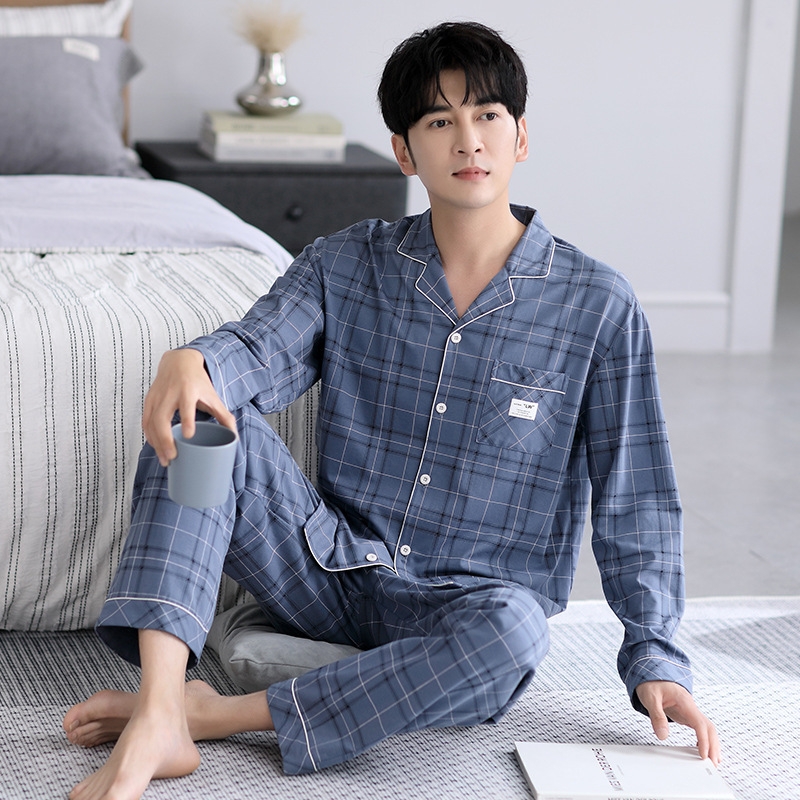 Pajamas men's spring and autumn men's cotton long-sleeved youth Four Seasons simple plaid plus size home wear suit