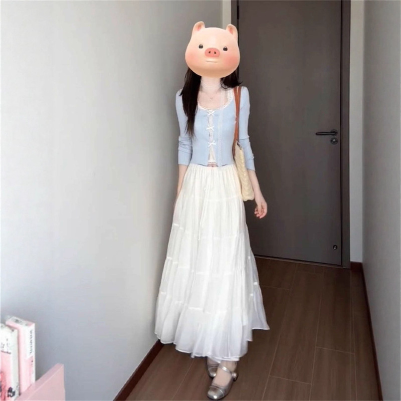秋季一整套度假风超仙显瘦女学生半身裙+韩系减龄拼接假两件上衣|undefined