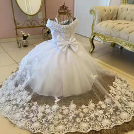 欧美儿童婚纱礼服速卖通亚马逊长款一字肩娃娃领小女孩连衣公主裙