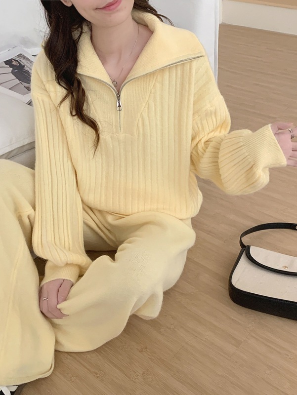 休闲时尚针织套装女外贸新款竖条半拉链针织衫上衣+阔腿裤两件套|undefined