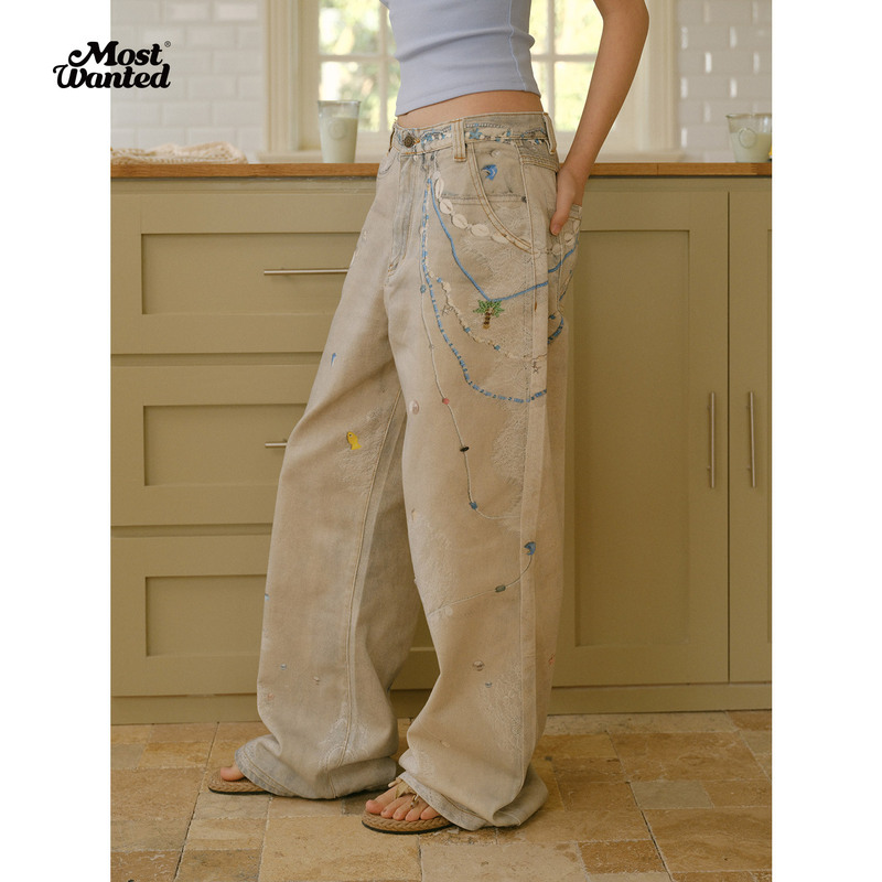 Mostwanted Pearl Lace Cold Transfer Printed Jeans Versatile Holiday Style Beach Ocean Pants Chain for Men and Women