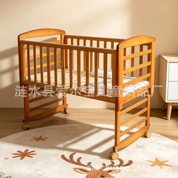 In stock baby cradle bed, movable solid wood crib, multifunctional full-guardrail newborn splicing bed, cross-border