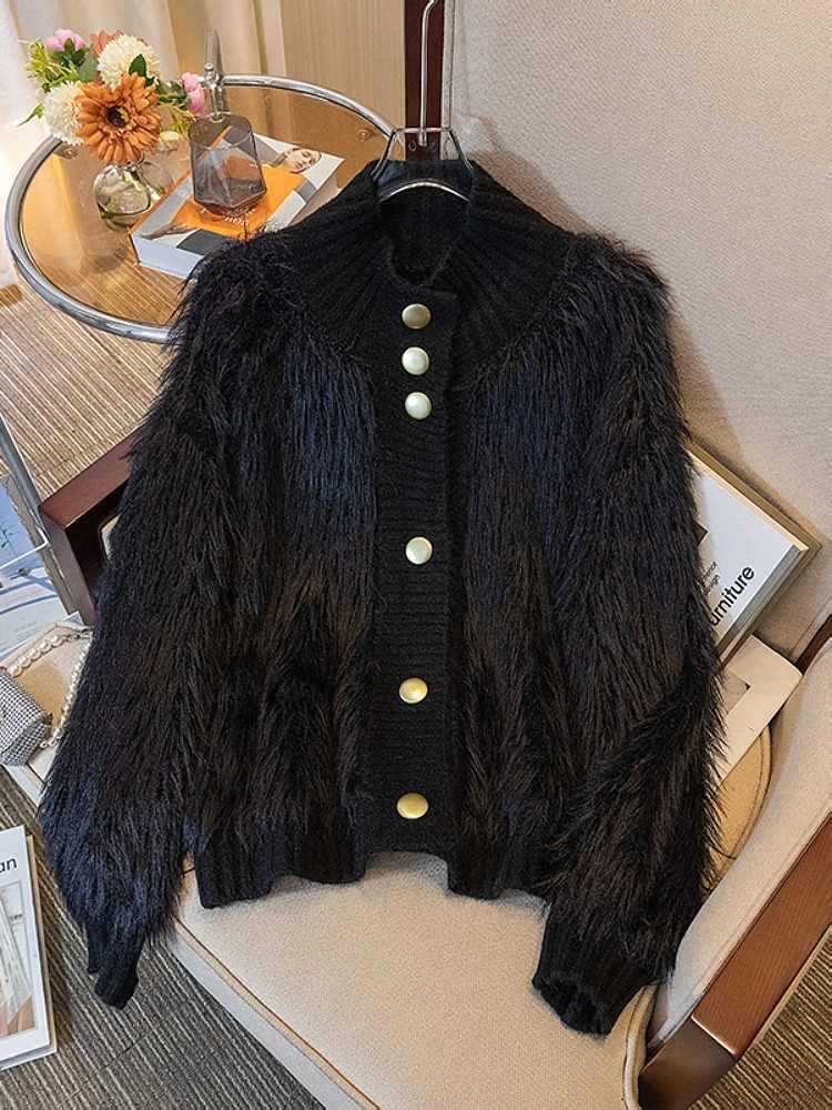 El otoño y el invierno nuevo estilo de imitación de visón de terciopelo collar de pie cardigan exterior de las mujeres de alto grado de temperamento flojo todo fósforo de punto abrigo de moda