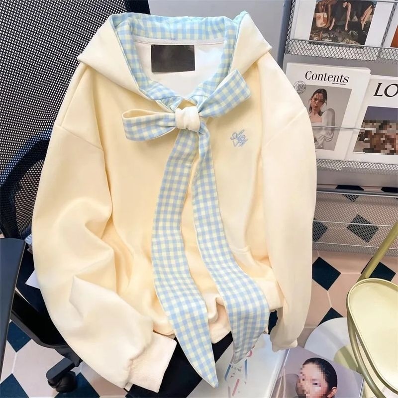 Korean style sweet bow plaid hooded autumn coat sweatshirt for women, new preppy style, slimming and flattering top