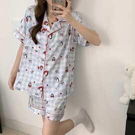 蓝白格企鹅卡通冰丝睡衣女夏季短袖短裤套装甜美可爱家居服可外穿