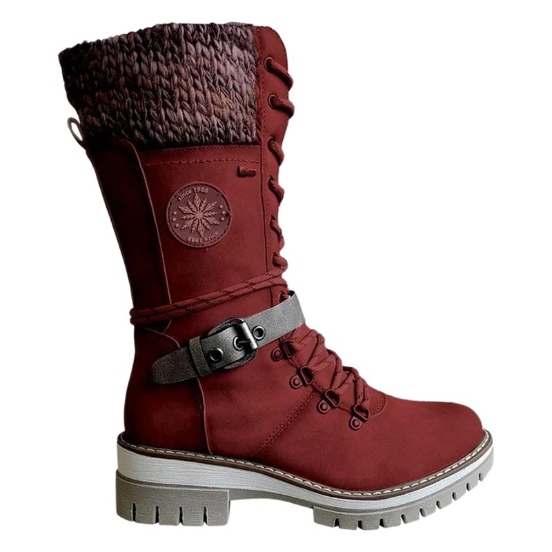 Cross-border large size mid-tube women's boots 2024 winter new round toe square heel leather buckle wool stitching Martin boots Amazon