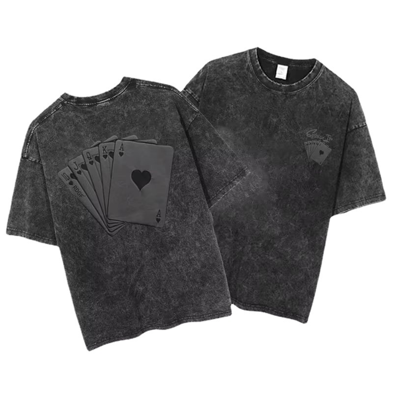 Americano Retro lavado viejo moda marca poker dados Mahjong espuma impresa Camiseta de manga corta de los hombres y las mujeres de la camiseta de la moda