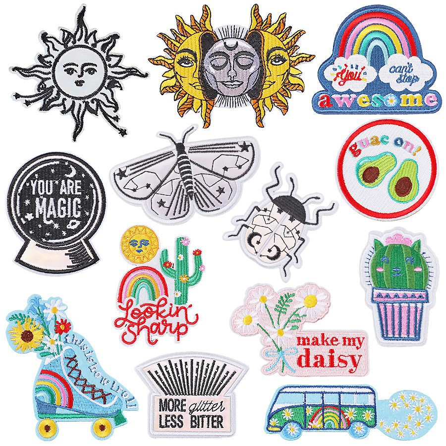 Cartoon RainSun Embroidery Label Patches Sticker Plant Clothing Decorative Adhesive Badge Embroidery Cloth Sticker