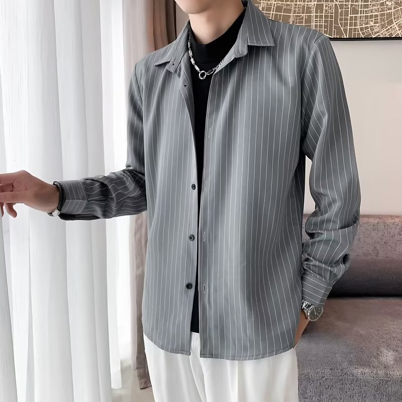 Spring and Autumn high-grade striped casual shirt men's bf trendy fake two-piece design slim-fit long-sleeved shirt jacket Spring and Autumn high-grade striped casual shirt men's bf trendy fake two-piece design slim-fit long-sleeved shirt jacket