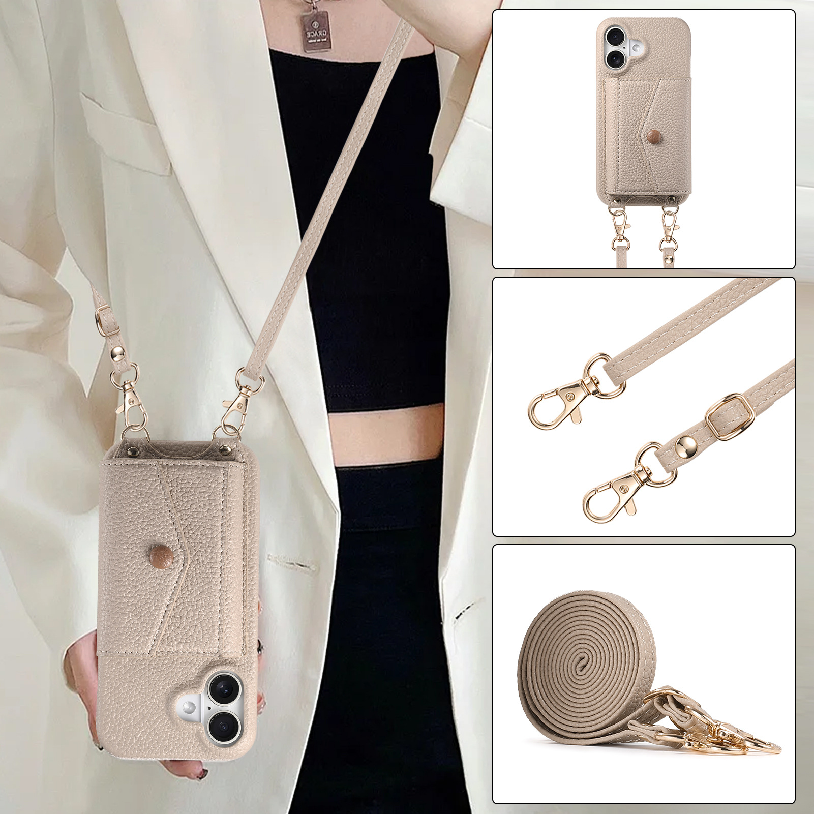 Custodia in pelle per telefono TechGlobe Lychee Texture compatibile con iPhone Accordion Crossbody con tracolla lunga 17 15 Mirror Window 12_voghion.com