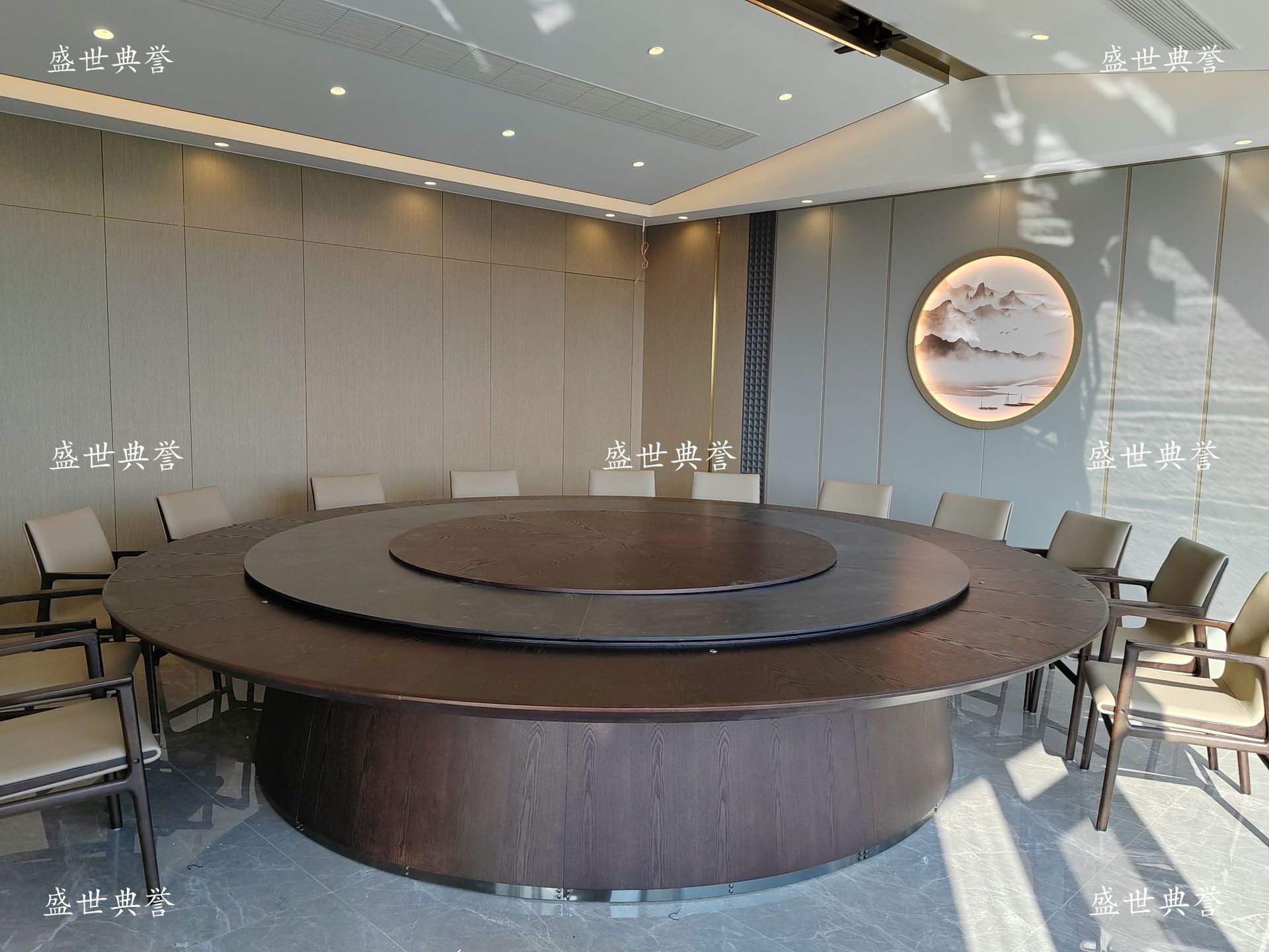 Zaozhuang hotel comedor muebles centro de convenciones caja de madera sólida mesa de comedor eléctrica silla club 20 personas mesa redonda eléctrica grande pic 9