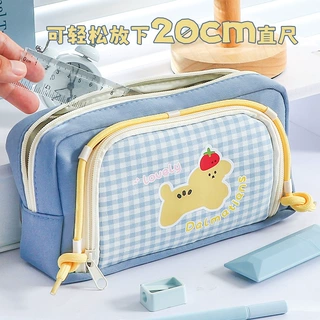 2025新款复古格子开窗小狗笔袋高颜值大容量可爱多功能文具袋