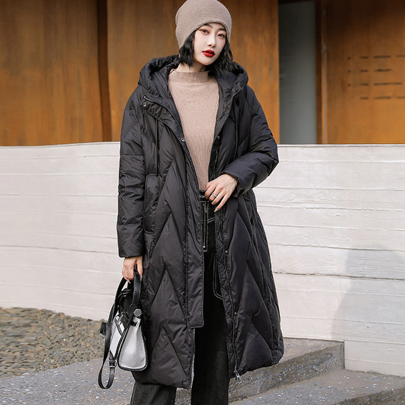 New Chinese Fashion Down Jacket Women's Mid-length Winter Over-the-knee Retro Ethnic Style Thickened Hooded Jacket plus size