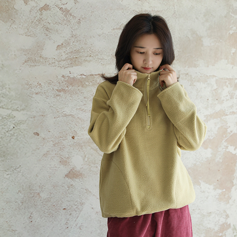 ·Wool-Like Polar Fleece·High-Neck Sweatshirt for Women 2025 New Style Lazy Pullover Half-Zip Top