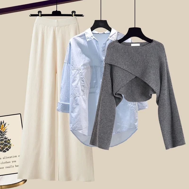 GraceChic Plus Size Damen Herbst/Winter Anzug 2025: Modischer Strickpullover, figurformende Hose mit weitem Bein_voghion.com