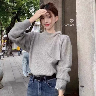 韩系复古温柔半高领绑带灰色毛衣女2026冬季新款慵懒感针织衫上衣