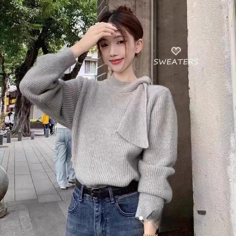 韩系复古温柔半高领绑带灰色毛衣女冬季新款慵懒感针织衫上衣