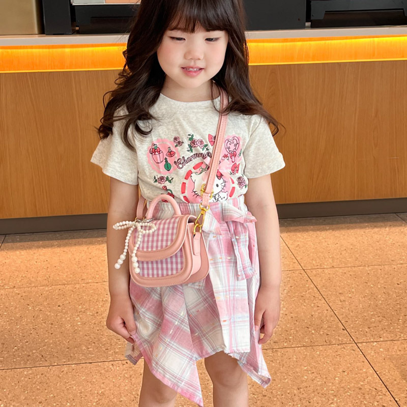 Bolso de hombro de niña a cuadros de moda coreana lindo bolso de bebé con lazo de perla mini bolso para niños de estilo occidental