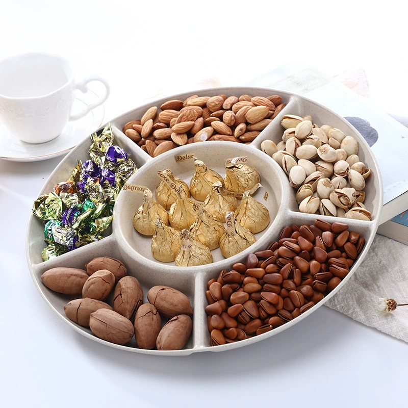 Wheat Straw Divided Snack Plate, Round 5-Compartment, 21.8 cm, Solid Color