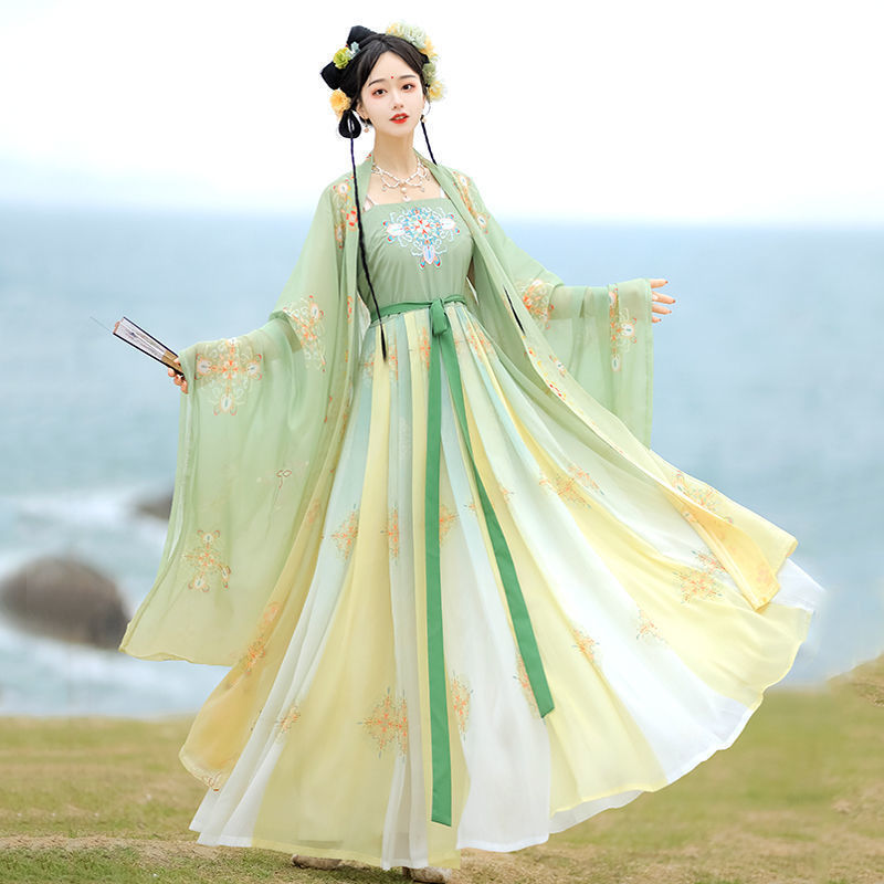 Tang Dynasty Hanfu Green orange Fairy dress for women  female adult ms students daily tang system paragraphs embroidery kimono dress