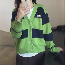 2021秋/小貼標 撞色寬條紋綠色針織開衫女寬松大V領毛衣外套