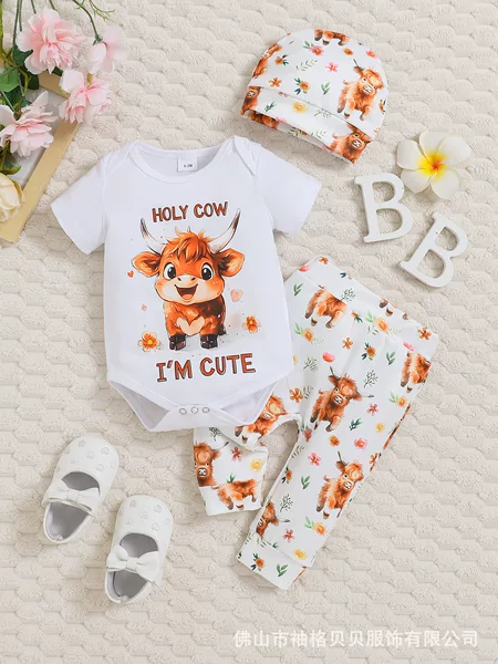 Cross-Border Export Baby Boy and Girl Suit Short-Sleeved Cartoon Western Cowboy Print Jumpsuit and Pants Three-Piece Set