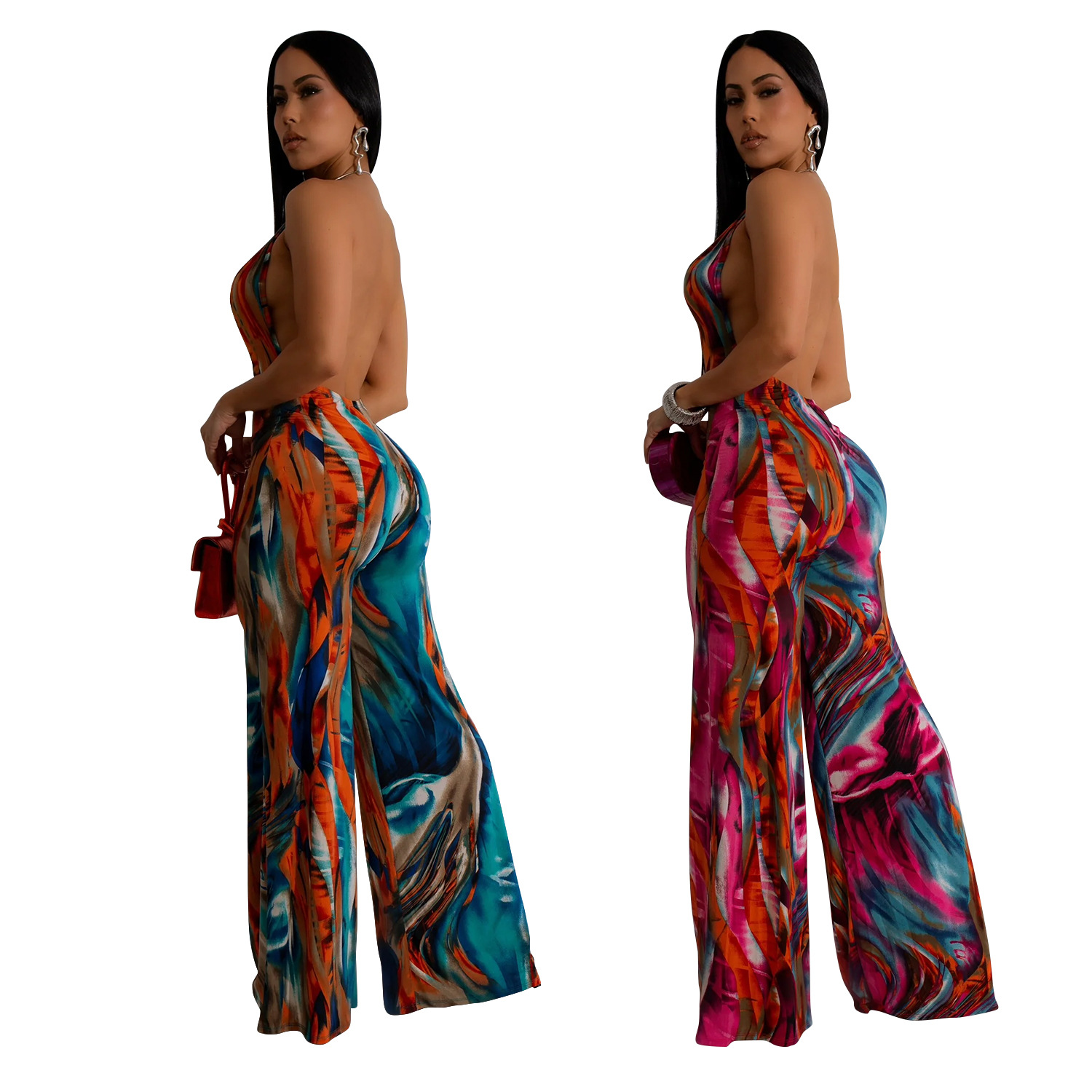 C6930 Aliexpress transfronterizo Amazon Europa y América de moda impresión de ropa de mujer sin mangas profunda V color combinación de pantalones largos image 6