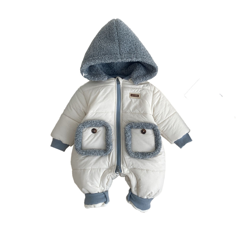 2024 nuevo invierno bebé coreano bolsillo de costura estilo occidental bebé grueso cálido cómodo abrigo de algodón de una pieza suave